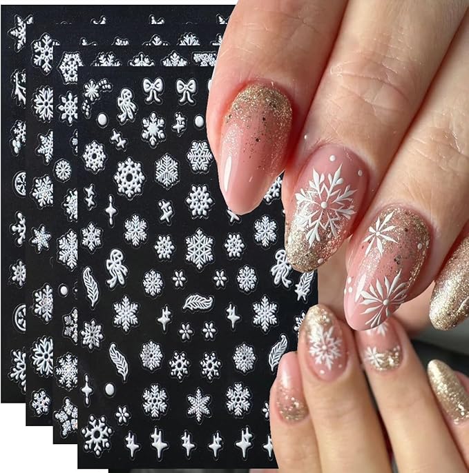 4Sheets Self-Adhesive White Snowflake Nail Art Stickers 3D Embossed Christmas Nail Decals Snowflakes Nail Stickers with Shell Light Design Nail Decal White Bow Star Nail Sticker for Women Nails Decor