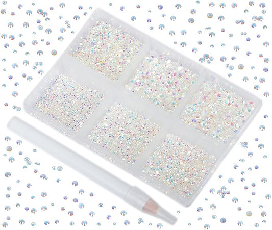 Bymitel 7200 Pieces 6 Mixed Sizes Glue Fix on Glass Rhinestones Round Crystal Gems Flatback for DIY Jewelry Making with one Picking Pen(6-Sizes 7200PCS, Starry Meteor)