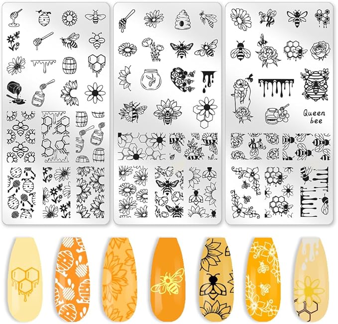 3Pcs Bee Nail Stamping Plate Flowers Honeycomb Nail Art Stamp Templates Stainless Steel Reusable Tools with Stamper Scraper for Manicure Printing