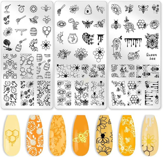 3Pcs Bee Nail Stamping Plate Flowers Honeycomb Nail Art Stamp Templates Stainless Steel Reusable Tools with Stamper Scraper for Manicure Printing