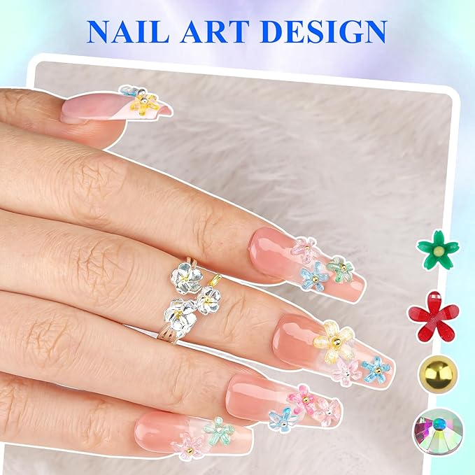 4 Boxes 3D Flower Nail Charms and Gems - Colorful Nail Flower Charms Crystal AB Clear Gemstones Silver/Gold Caviar Beads White/AB Pearls for Women DIY Manicure Crafts (22-S4-Colorful2)