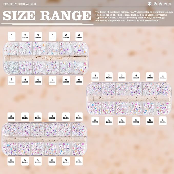 5000PCS Resin Rhinestones with Tweezers for Crafting, 2/3/4/5/6mm Flatback Jelly Rhinestones, 3 Box White AB Non Hotfix Crystal Gems for DIY Crafts Mugs Tumblers Clothes Makeup Nail