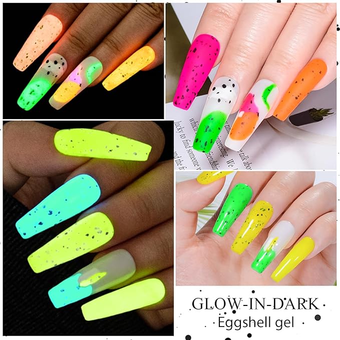 MEET ACROSS Glow in the Dark Eggshell Gel Nail Polish Set, 6 Colors Luminous Neon Gel Nail Polish Fluorescent Bright Colors Hot Pink Yellow Purple Nail Polish Soak off Nail Art Manicure Salon
