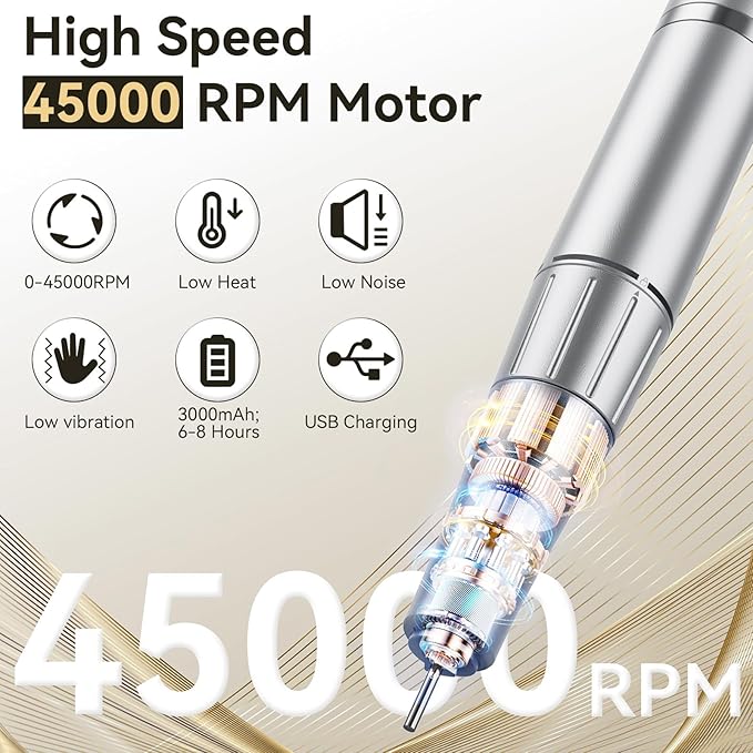 Cadrim Portable Electric Nail Drill Professional 45000 RPM, 2025 Upgrade-Speed Control Disc, Rechargeable Electric Nail File for Acrylic Gel Nails, Pink Cordless Nail Drill Kit for Salon Home
