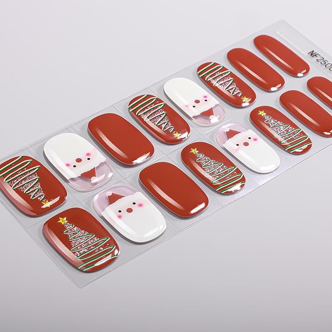 Christmas Semi Cured Gel Nail Strips, 16 Pcs Winter Xmas Gel Nail Stickers Christmas Tree Santa Claus Designs Red Wraps for UV/Led Manicure Lamp Nails Art Decorations