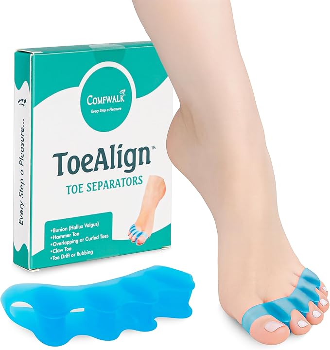 Comfwalk® ToeAlign™ – Toe Separators for Men & Women – Toe Straightener Stretcher – Corrects Bunions, Overlapping Toes, Hammer Toes, Claw Toes – Soft Medical-Grade Silicone Toe Spacers (Blue)