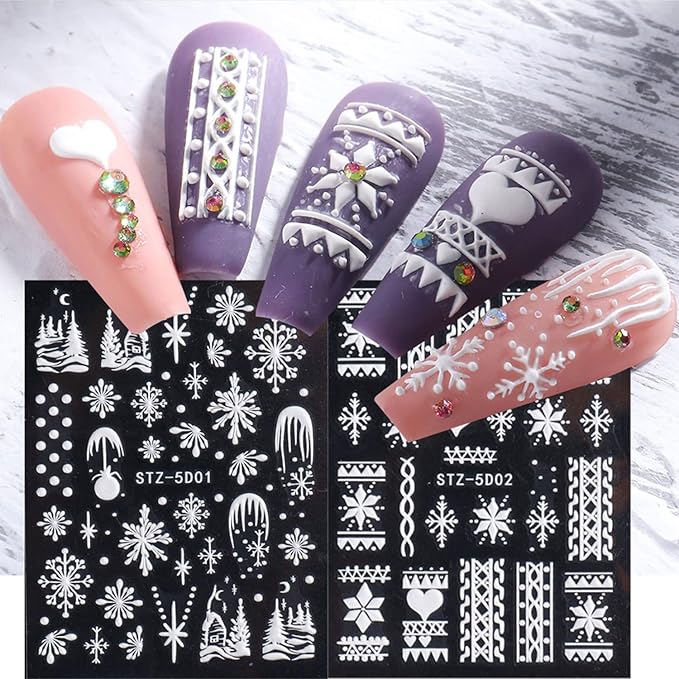 5D Embossed Snowflake Nail Art Stickers Christmas Nail Decal White Flower Lace Nail Decal Snowflake Leaf Nail Sticker Design Self-Adhesive Nail Decoration Supplies for Women DIY Christmas Manicure