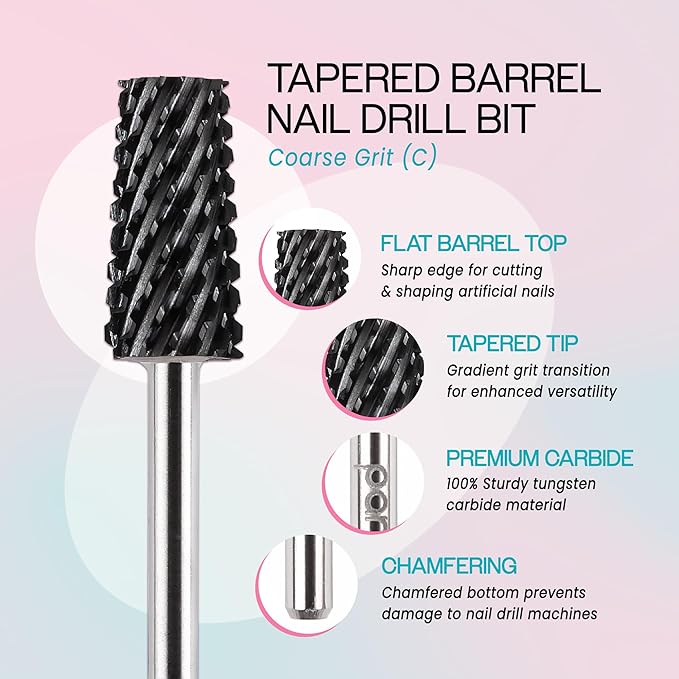 PANA Tapered Barrel Carbide 3/32" Shank Size - (Black, Coarse Grit) - Fast remove Acrylic or Hard Gel Nail Drill Bit for Manicure Pedicure Salon Professional or Beginner