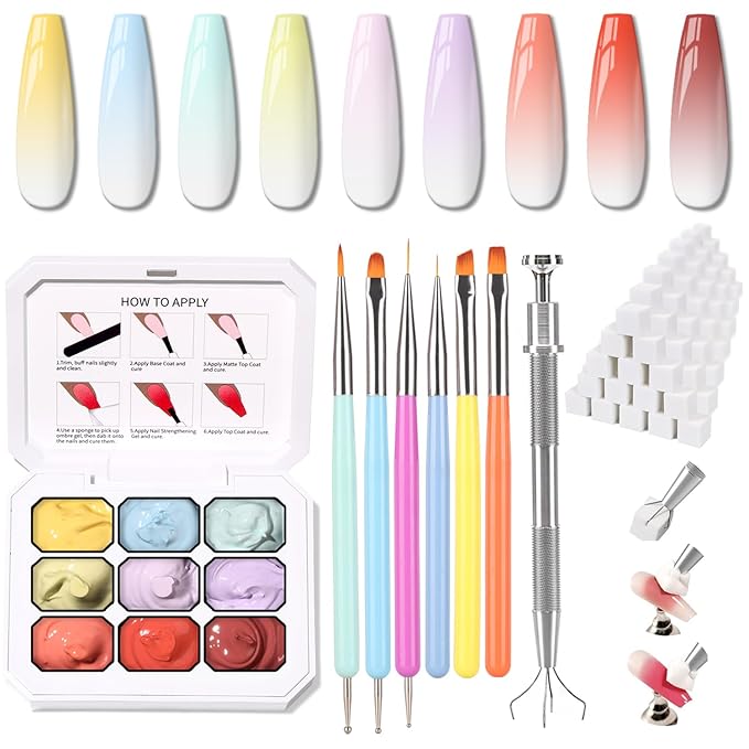 Sponge Pat Paint Nail Gel & Tools Kit, 9 Colors Ombre Nails Gradient Gel Nail Blush Blooming Aura Nails Drawing Stripper Floral Painting Nail Art, No Wipe, UV/LED Curing (9 Colors Set A)