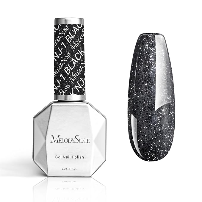 MelodySusie Black Glitter Gel Nail Polish,0.5fl oz Black Diamond Glitter Soak Off UV LED Reflective Glitter Gel Polish Gift for Women Nail Art Manicure Salon DIY Nail Design Decoration at Home- NJ-1