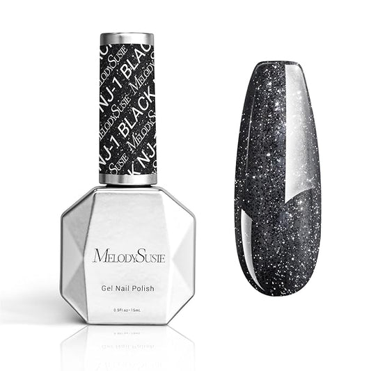 MelodySusie Black Glitter Gel Nail Polish,0.5fl oz Black Diamond Glitter Soak Off UV LED Reflective Glitter Gel Polish Gift for Women Nail Art Manicure Salon DIY Nail Design Decoration at Home- NJ-1