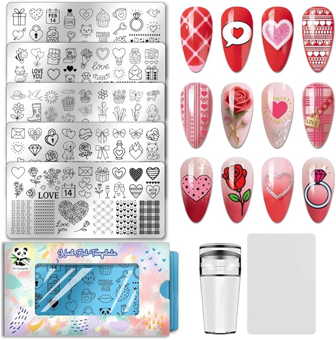 PH PandaHall 5pcs Valentine's Day Nail Stamping Plates Love Heart Nail Art Templates Tulip Rose Flower Nail Art Stencil Bows Gift Nails Stamper for Women Party Holiday Manicures Salon Printing Design