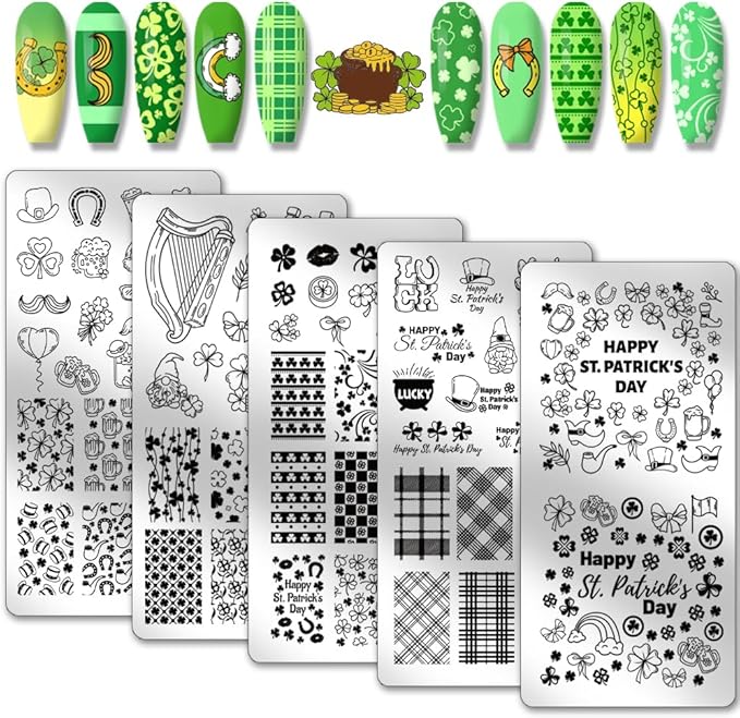 PH PandaHall 5pcs Nail Stamping Plates for St. Patrick's Day, Shamrock Nail Art Templates Leaf Clover Flower Nail Art Stencils Stainless Steel Nail Plates for Holiday Nail Design Print Manicure Salon