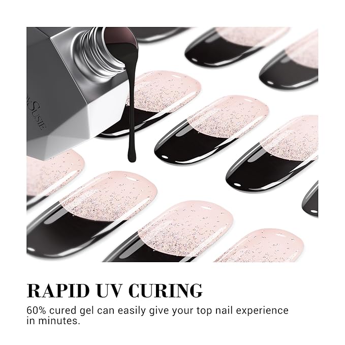 MelodySusie 30PCS Semi Cured Gel Nail Strips (Bling Black French Tips), Works with Nail lamp, Salon Quality, Long Lasting, Easy to Apply and Remove, Includes 2 Prep Pads, Nail File and Wooden Stick