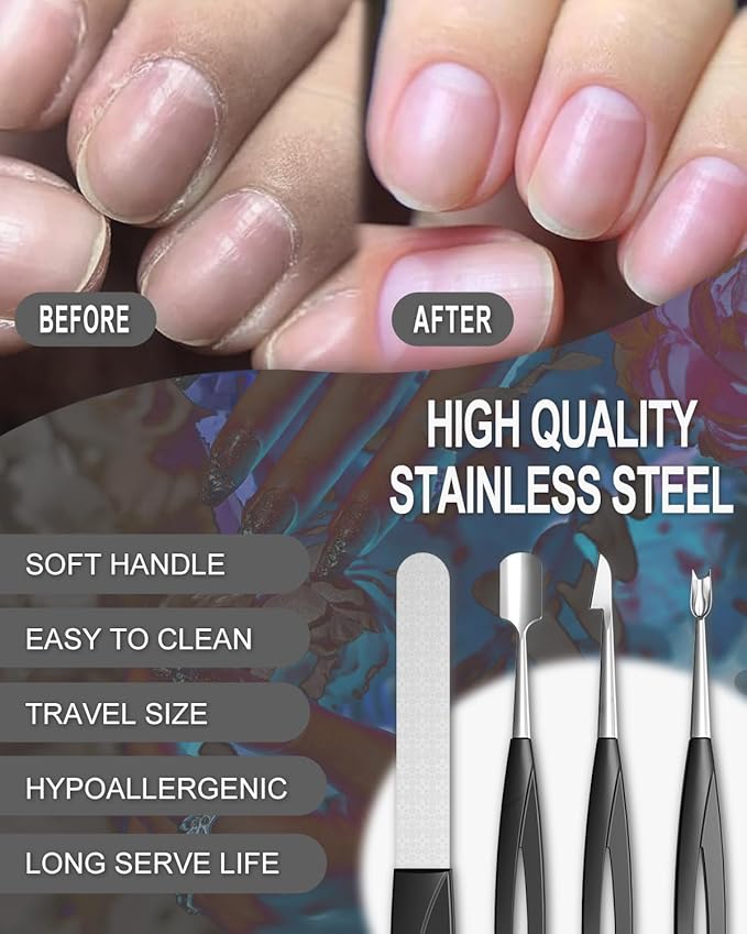 4PCS Manicure Tool Set, Professional Cuticle Pusher Cutter Trimmer Nail Polish Remover Nail File for Healthy Beautiful Nails, Stainless Steel Cuticle Knife for Fingernails Toenails