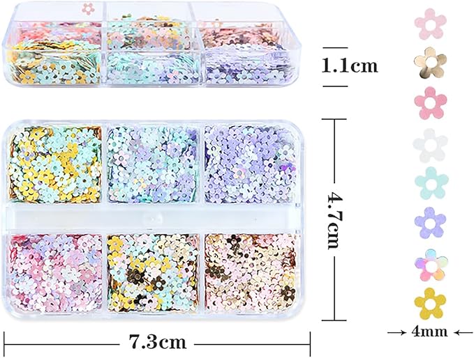 Flower Nail Art Glitter Sequins, 6 Grids Floral Sparkly Nail Glitter Flakes Designs, Shiny Flower Confetti Acrylic Supplies for Women Girls Manicure Charms Holiday Decorations, Resin Nail Art Tips