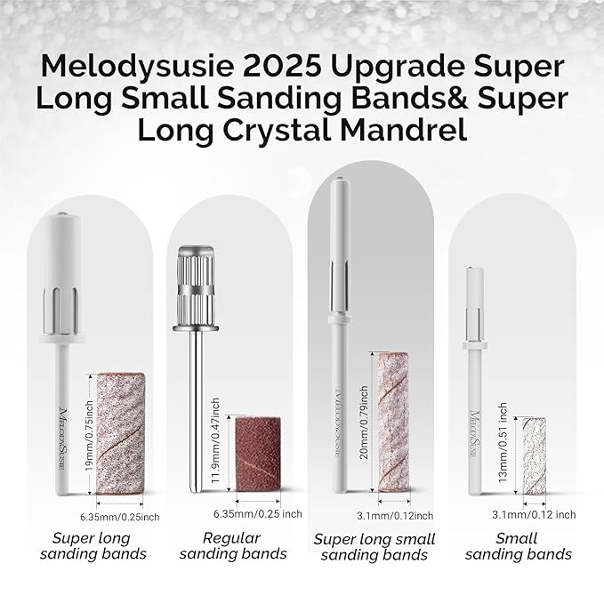 MelodySusie 50 Pcs Nail Drill Bits Super Long Small Sanding Bands with 3.1mm Crystal Mandrel Bit, 180 Fine Grit Nail File for Acrylic Nails Gel Manicures and Pedicure, Zebra