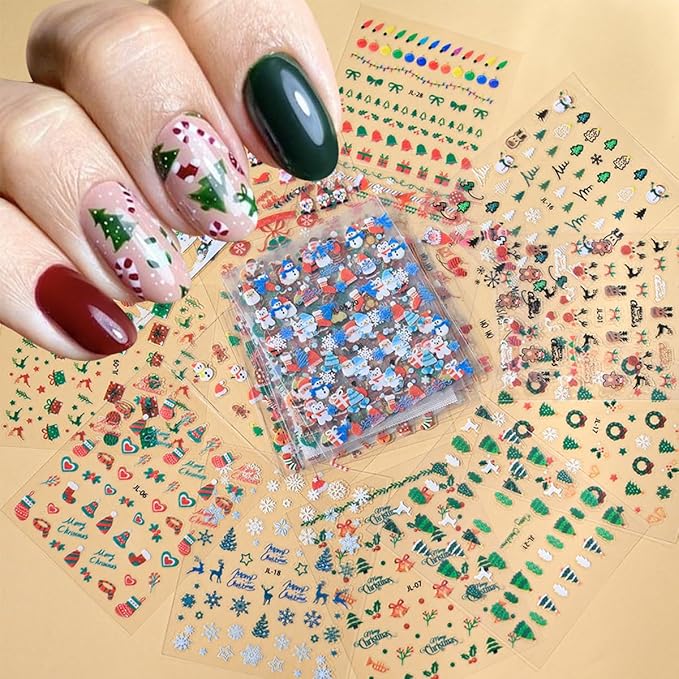 30 Sheets Christmas Nail Art Stickers Decals 3D Self Adhesive Christmas Nail Decals Santa Claus Elk Snowman Christmas Tree Nail Decorations Winter Nail Stickers for Women DIY Acrylic Nail Supplies