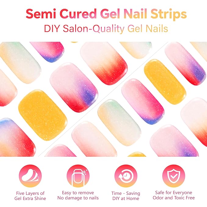 Semi Cured Gel Nail Strips-Press On Nail Polish Stickers Easy Apply and Peel Off Long Wear Chip Free Manicure Kit,18 Pre-Sized Wraps,Works with Any UV/LED Lamps(Watercolor Dusk)