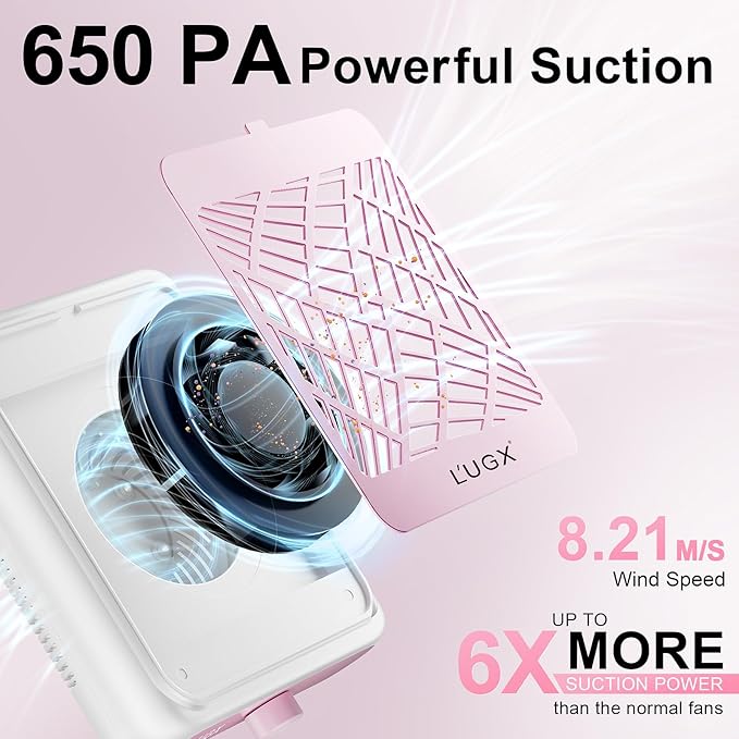 L'UGX Nail Dust Collector Rechargeable with 2 Reusable Filter, Professional Dust Collector Nail Tech Fan Extractor Powerful Suction Vacuum Dust Collector for Nails, Perfect for Home Salon Use