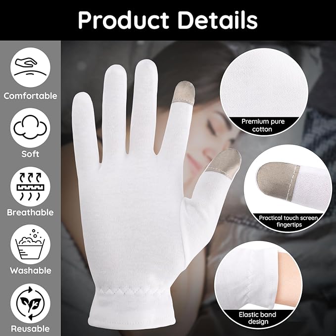 Segbeauty 24 Counts Moisturizing Cotton Gloves with Touchscreen Fingertips, Sleeping Gloves for Dry Hands with Elastic Band, Soft Hand Gloves for Women Men Cotton Sleep Gloves for Coin Art Work Medium