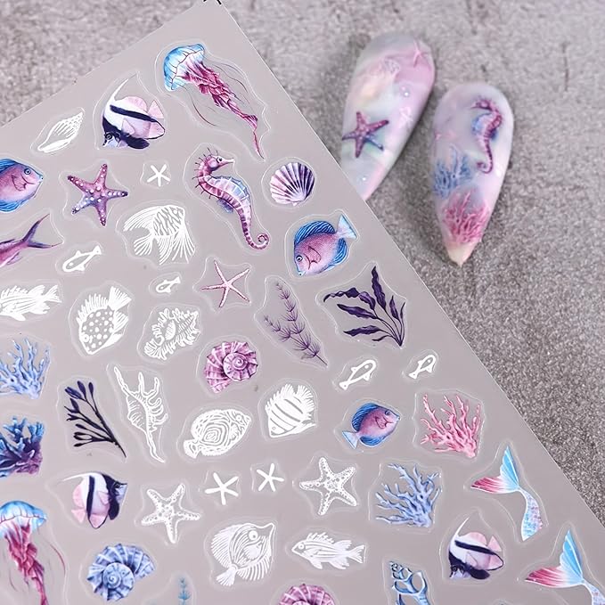 Summer Palm Tree Nail Art Stickers - Beach Sea Wave Self-Adhesive Nail Decals for DIY Shell Sea Star Jellyfish Coconut Tree Manicure (3 Sheets)