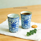Blue and White Floral Porcelain Tea Cups Set of 2 | No Handle, Bone China - Image 2