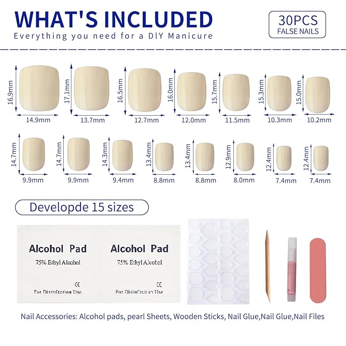 Ivory Press On Nails Short Square, Fashion Glossy Off White Soft Gel Fake Nails Kit, 15 Sizes - 30 Fake Nails, Thick Natural Reusable Glue On Nails for Women