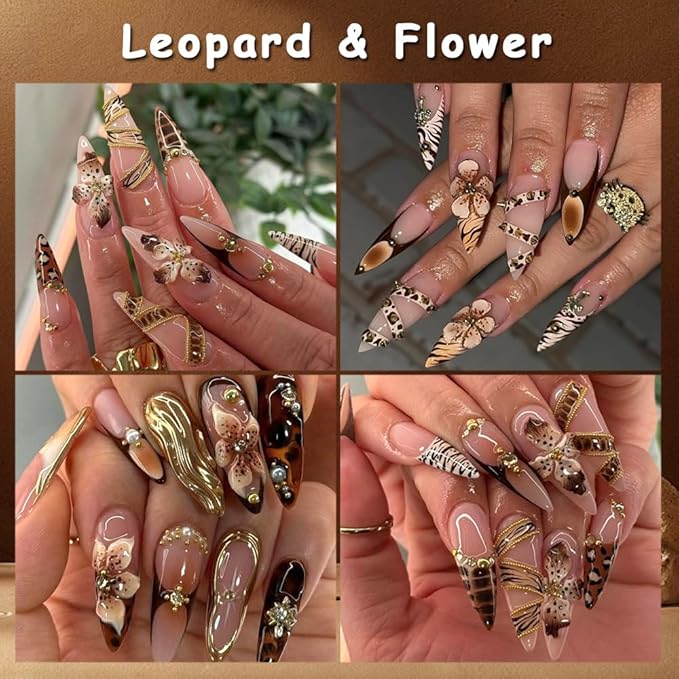Flower 5D Embossed Nail Art Stickers Decals, 4 Sheets Autumn Winter Brown Hibiscus Flowers Tropical Floral Leopard Print Nail Art Design Self-Adhesive Nail Supplies for Women Girls