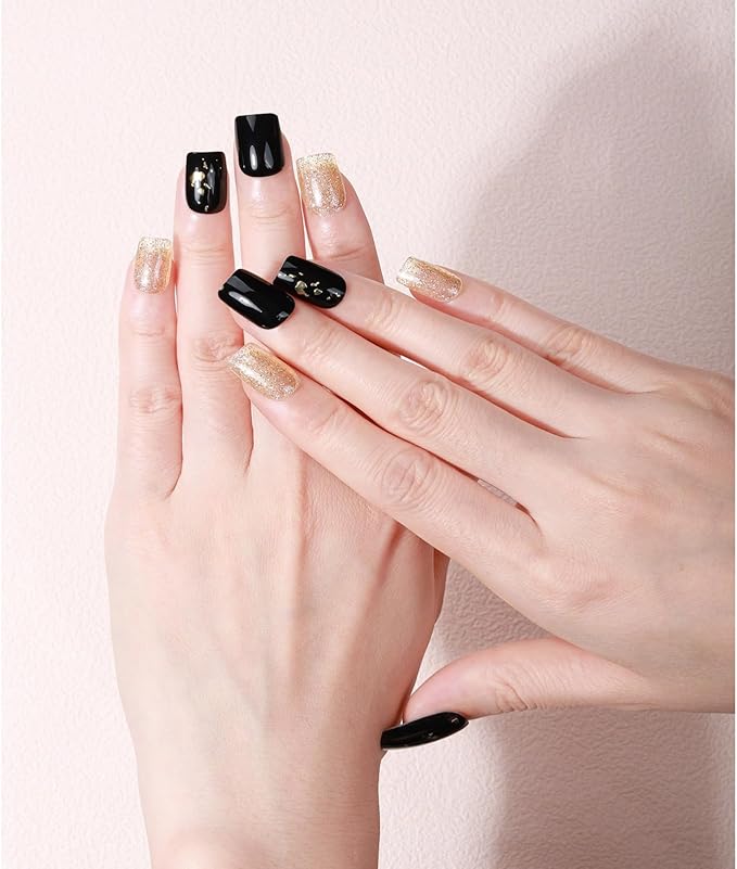 Nail Stickers, Gel Nail Strips with Manicure Tool Kit, 22 Pieces, Long Lasting, Chip Resistant, UV Free, Black Tie Gold Rush