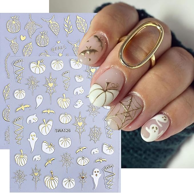 Halloween Pumpkin Nail Art Stickers Decals Fall Maple Leaf Nail Decals 4PCS Ghost Spider Web Bat Fall Leaves Halloween Nails Design 3D Self-Adhesive Nail Stickers for Women DIY Nail Art Decorations