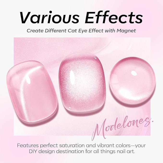 modelones Pink Cat Eye Gel Polish, 15 ML Glitter Holographic Jelly Glass Cat Eye Summer Light Rose Funny Bunny Color Shimmer Reflective Translucent U v Gel Magnetic Nail Polish Top Coat for Women Girl