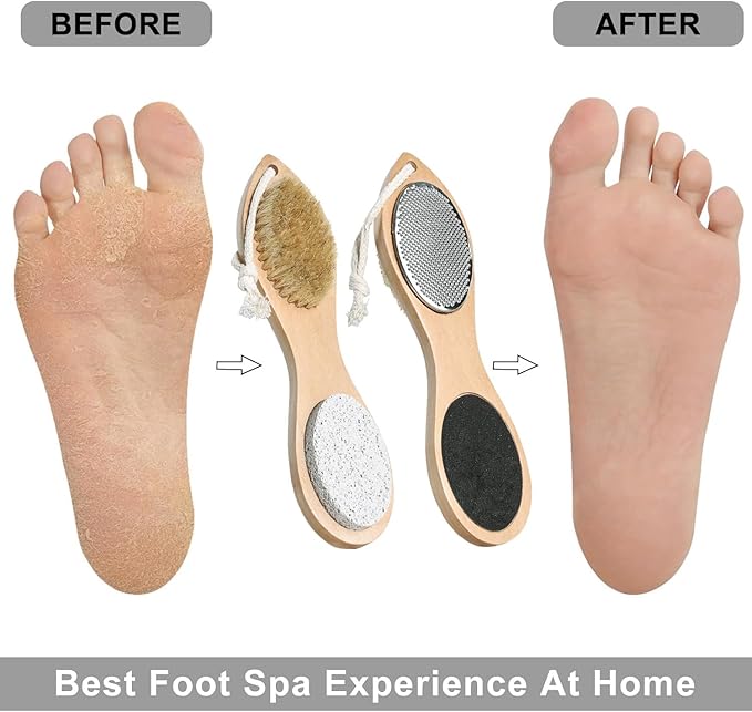 Pumice Stone Brush for Feet 4 in 1, Wooden Foot File Callus Remover, Foot Rasp and Sand Paper Pedicure Tools with Handle, Shower Foot Scrubber, Soft Smooth Feet for Home Foot Care