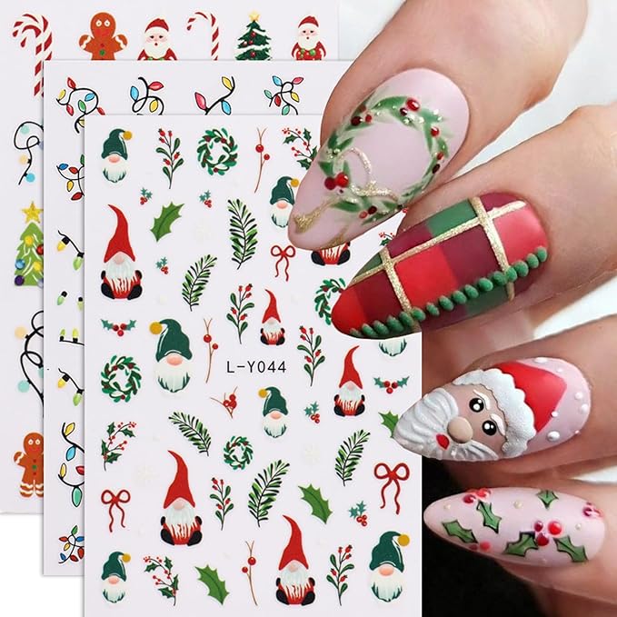 3Sheets Christmas Nail Art Stickers 3D Christmas Lights Tree Designs Nail Decals Self-Adhesive Santa Claus Gingerbread Man Nail Stickers Holly Sprigs Snowflake Nail Decal for Women DIY Manicure Decor