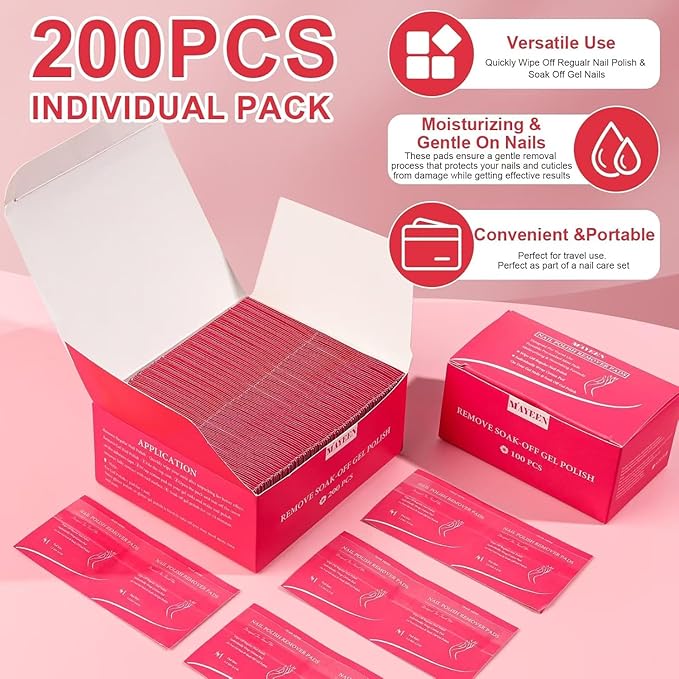 MAYEEN Nail Polish Remover Pads 200 Pack Quickly Remove Nail Polish Wipes Individually Wrapped Acetone Gel Nail Polish Remover Pads For Gel & Acrylic Nails Moisturizing & Gentle Travel Pad