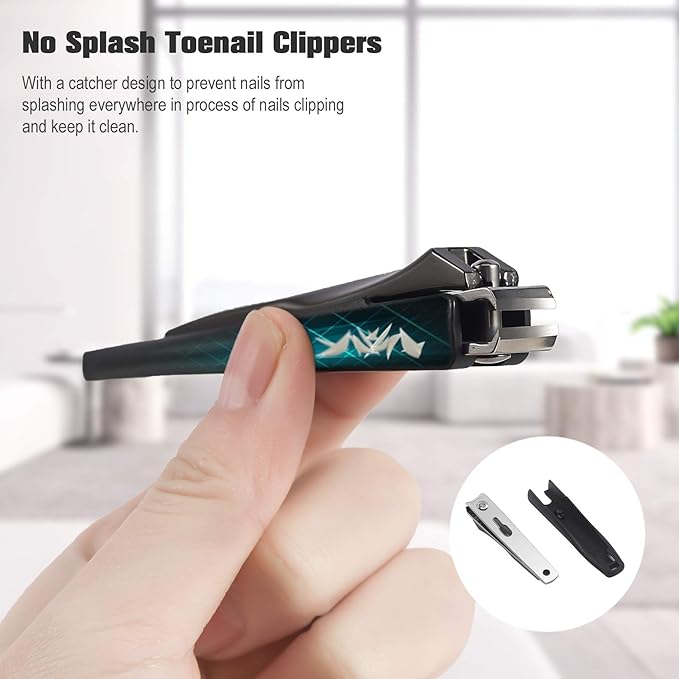 FERYES Nail Clippers with Catcher 2 PCS Set, No Splash Fingernail Clipper and Toenail Clipper, Stainless Steel Nail Cutters - W/Black Metal Case Packing