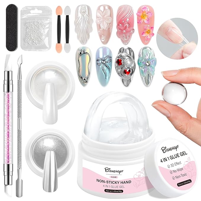 Solid Builder Gel and Chrome Nail Powder Kit BISHENGYF: 4 In 1 No Wipe 3d Sculpting Nail Gel Silver Aurora White Pearl Chrome Nail Powder Clear Non-Sticky Hand Extension Glue for Nail Decoration 30g