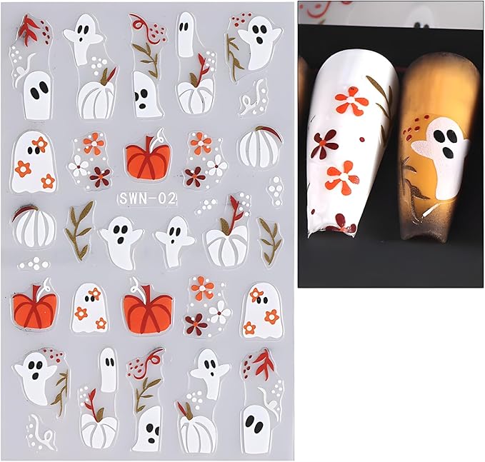4 Sheets Halloween Nail Art Stickers Ghost Nail Art Stickers 5D Self-Adhesive Spider Nail Decals with Flower Design Pumpkin Black Cat Nails Art Spider Web Nail Supplies for Women