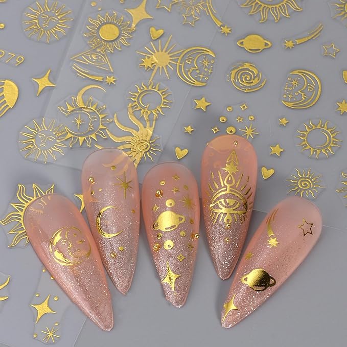 8 Sheets Gold Sun Nail Art Stickers - Sliver Moon Star Self-Adhesive 3D Nail Decals for DIY Golden Slivery Manicure