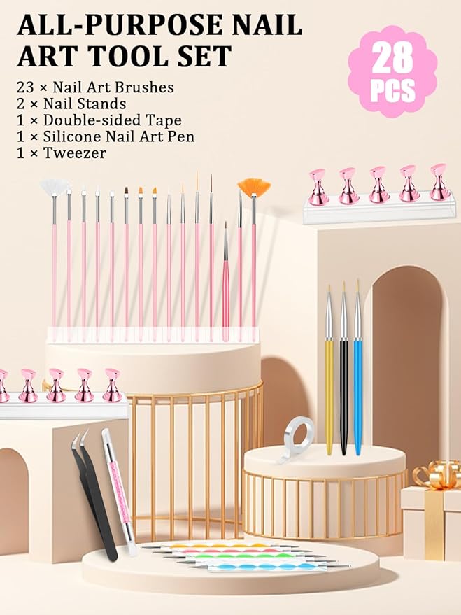 Nail Art Tools Set, Nail Stand for Press on Holder for Painting Nails, Nail Art Brushes, Liner Brushes, Nail Dotting Tool, Must Haves Design Tools for Nail Tech & Beginners Nail Art Supplies Kit