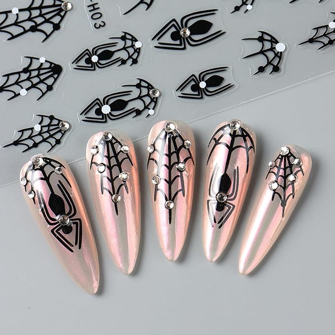 Spider Web Nail Art Stickers Halloween Nail Decals Cobweb Nail Stickers Rhinestone Design 3D Self-Adhesive Black Spiderweb Nail Sliders Manicure Accessories Holiday Nail Decorations for Women