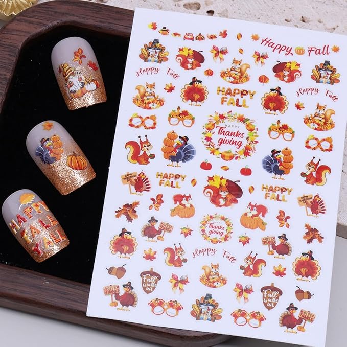 6 Sheets Fall Nail Stickers 3D Self-Adhesive Thanksgiving Nail Stickers with 5D Embossed Maple Leaf Nail Art Sticker Squirrel Pumpkin Leaves Design Autumn Nail Decals for Holiday Manicure Decorations