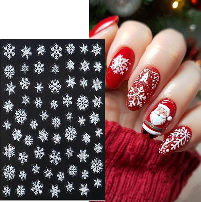 4Sheets Self-Adhesive White Snowflake Nail Art Stickers 3D Embossed Christmas Nail Decals Snowflakes Nail Stickers with Shell Light Design Nail Decal White Bow Star Nail Sticker for Women Nails Decor