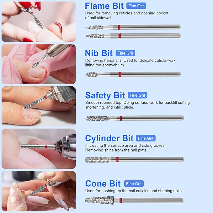 Diesisa 6 Pack Nail Drill Bits for Acrylic Nails, Diamond Carbide Nail Clipper Heads with Diamond Spiral Grooves, 3/32 Inch Cutter Attachment for Nail Preparation, Cuticle and Dead Skin Removal-Red