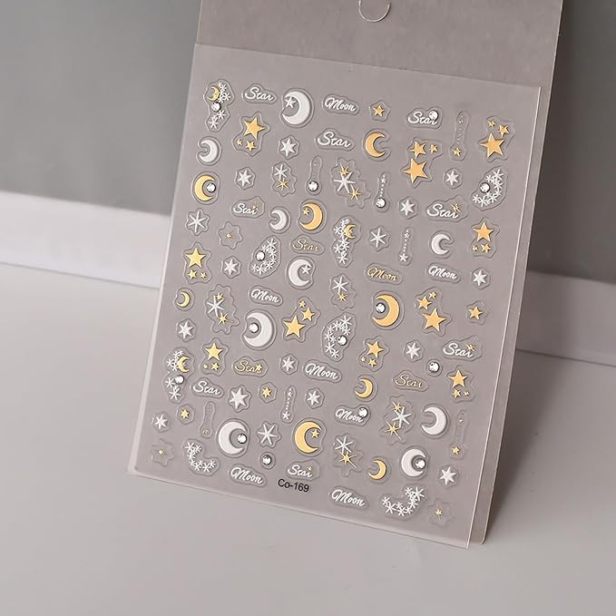 Star Crystal Diamond Nail Stickers, Rhinestones Gold Stars and Moons Nail Design,Cute Star Adhesive Stickers Art Supplies Craft French Manicure Decorations and Decal for Women