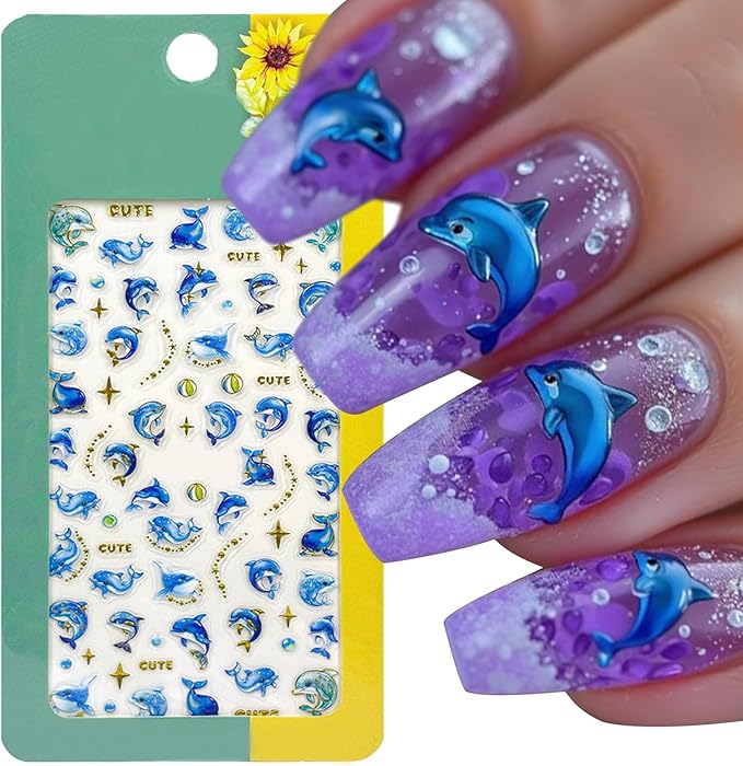1 Sheets Summer Nail Art Stickers 5D Embossed Beach Cute Dolphin Stars Designs Self Adhesive Nails Supplies Blue Summer Sea Theme Manicure Decorations for Women Exquisite Cardboard Kit