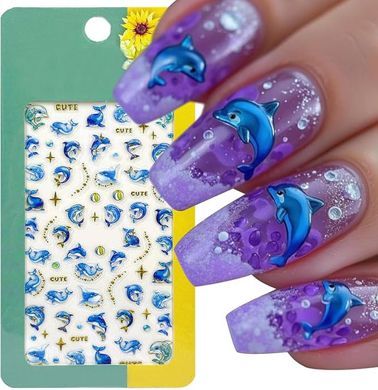 1 Sheets Summer Nail Art Stickers 5D Embossed Beach Cute Dolphin Stars Designs Self Adhesive Nails Supplies Blue Summer Sea Theme Manicure Decorations for Women Exquisite Cardboard Kit
