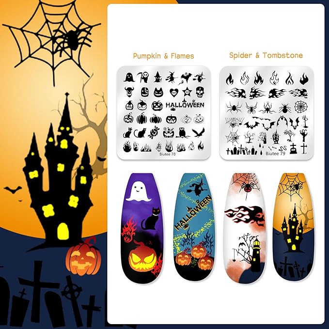 Biutee Nail Stamping Kit 12Pcs Nail Art Stamp Plates 8 Colors Stamping Polish Gel Silicone Stamper Scraper with Storage Bag, Nail Stamping Plate Lace Star Rose Plaid Template Halloween Design Gift