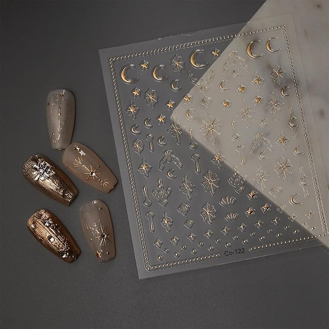 Moon Star Nail Art Stickers 5D Embossed Gold Star Nail Decals Gold Star Moon Nail Stickers for Nail Art Self-Adhesive Luxury Nail Design Star Nail Supplies for Women Girls DIY Manicure Decoration