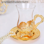 Pilipane Gold Coffee Cup and Saucer Set, Elegant European Carved Glass Teacup - Image 7